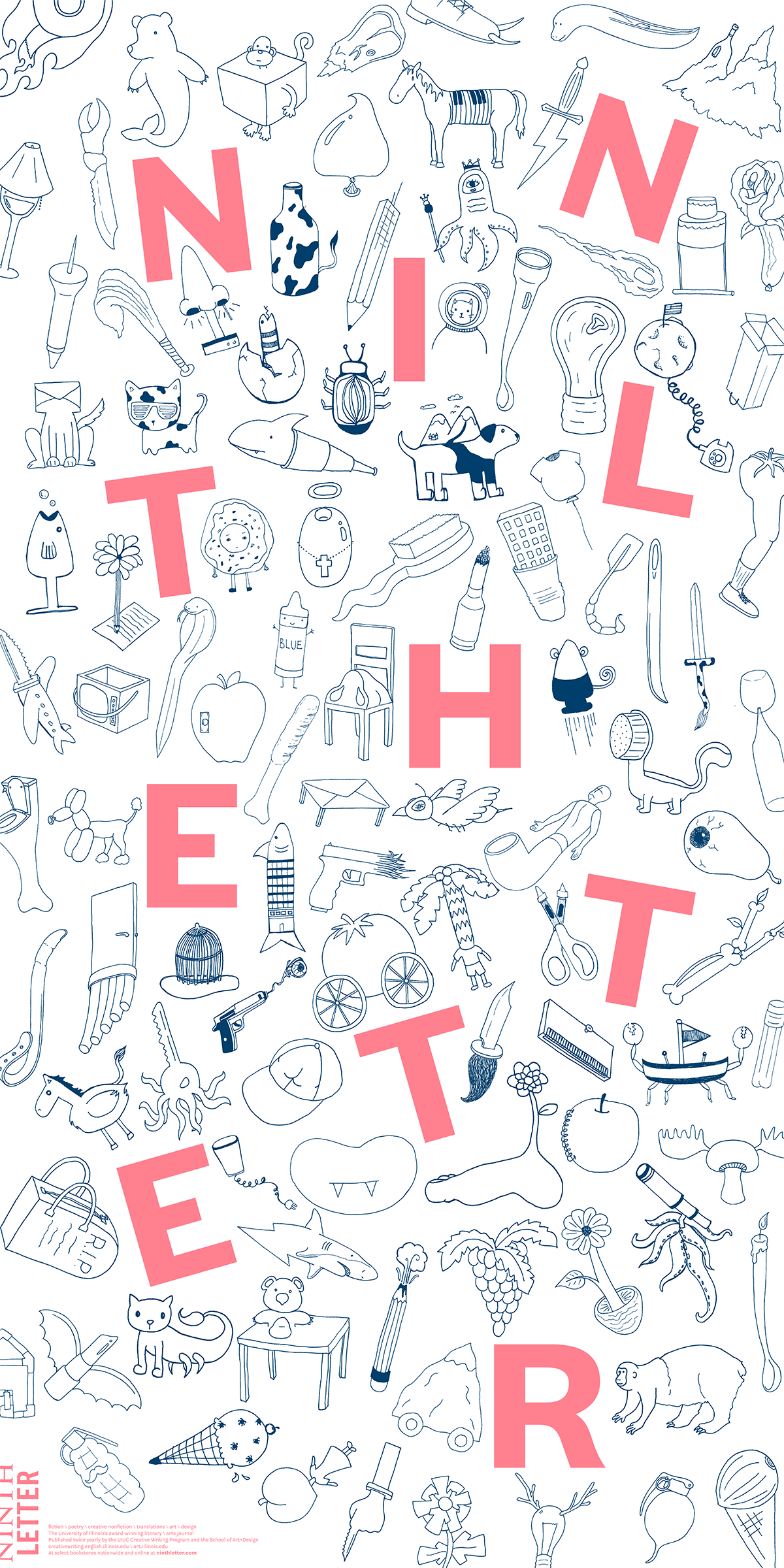 Individual poster spelling ‘NINTH LETTER’ in bold pink letters woven through dozens of hand-drawn line icons