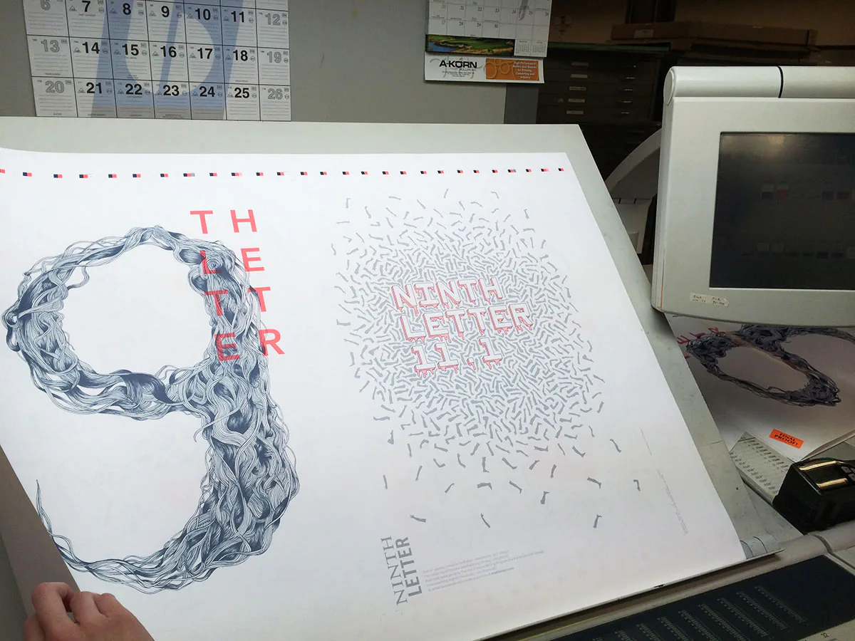 Press check photo of freshly printed Ninth Letter posters laid across a print shop table