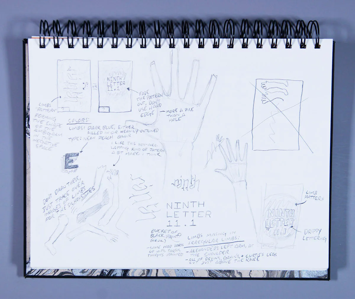 Sketchbook page of pencil concepts exploring hand and limb motifs for the Ninth Letter 11.1 cover