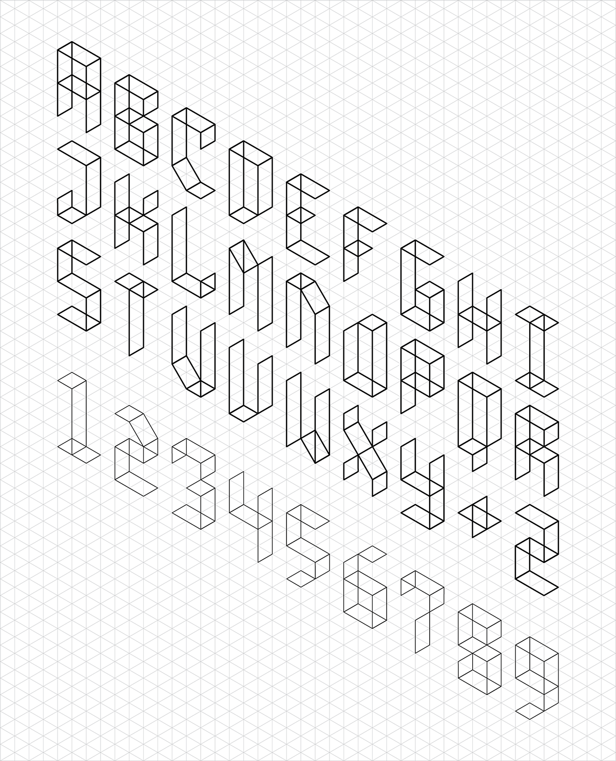 Isometric display alphabet specimen sheet built from cube-like extruded letterforms over a triangular grid