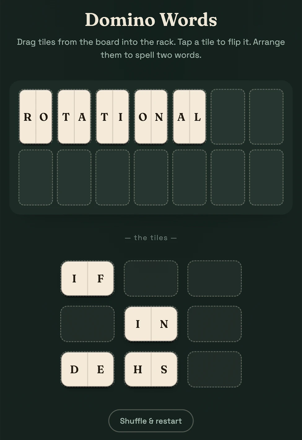 Claude’s first version, called Domino Words: cream two-letter tiles on a dark green board, with a rack of empty slots above