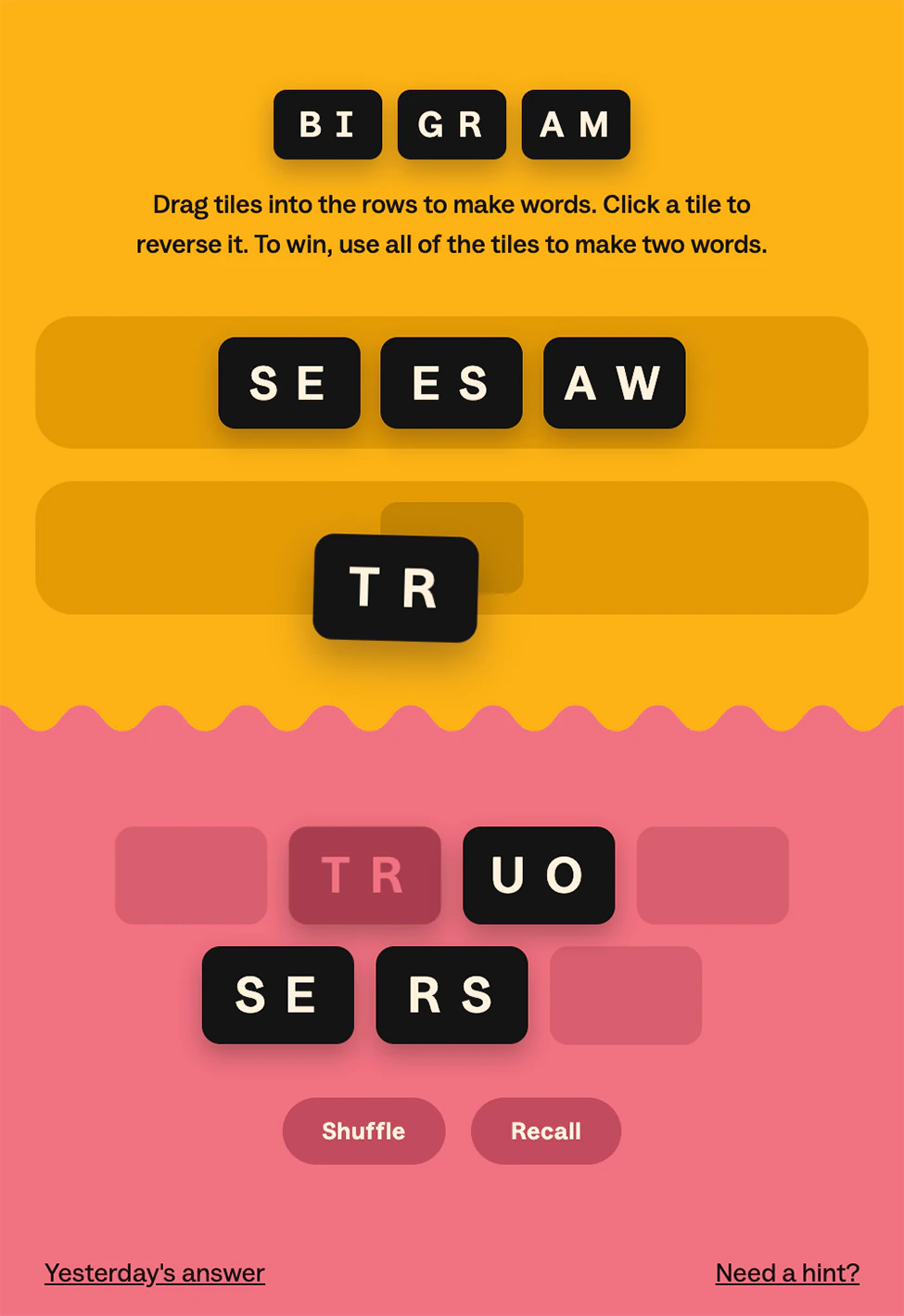 The finished Bigram: black two-letter tiles being dragged into rows on a yellow and pink background split by a wavy edge