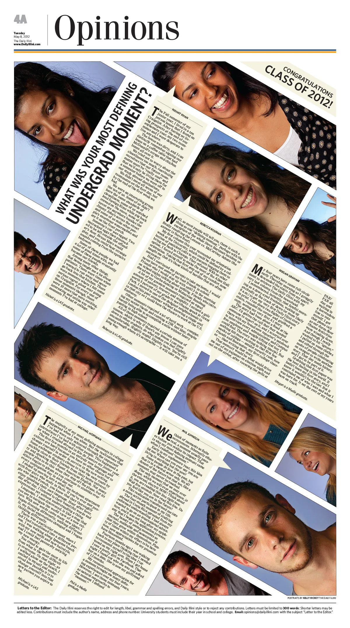 Daily Illini Opinions spread pairing student portraits with the question ‘What Was Your Most Defining Undergrad Moment?’