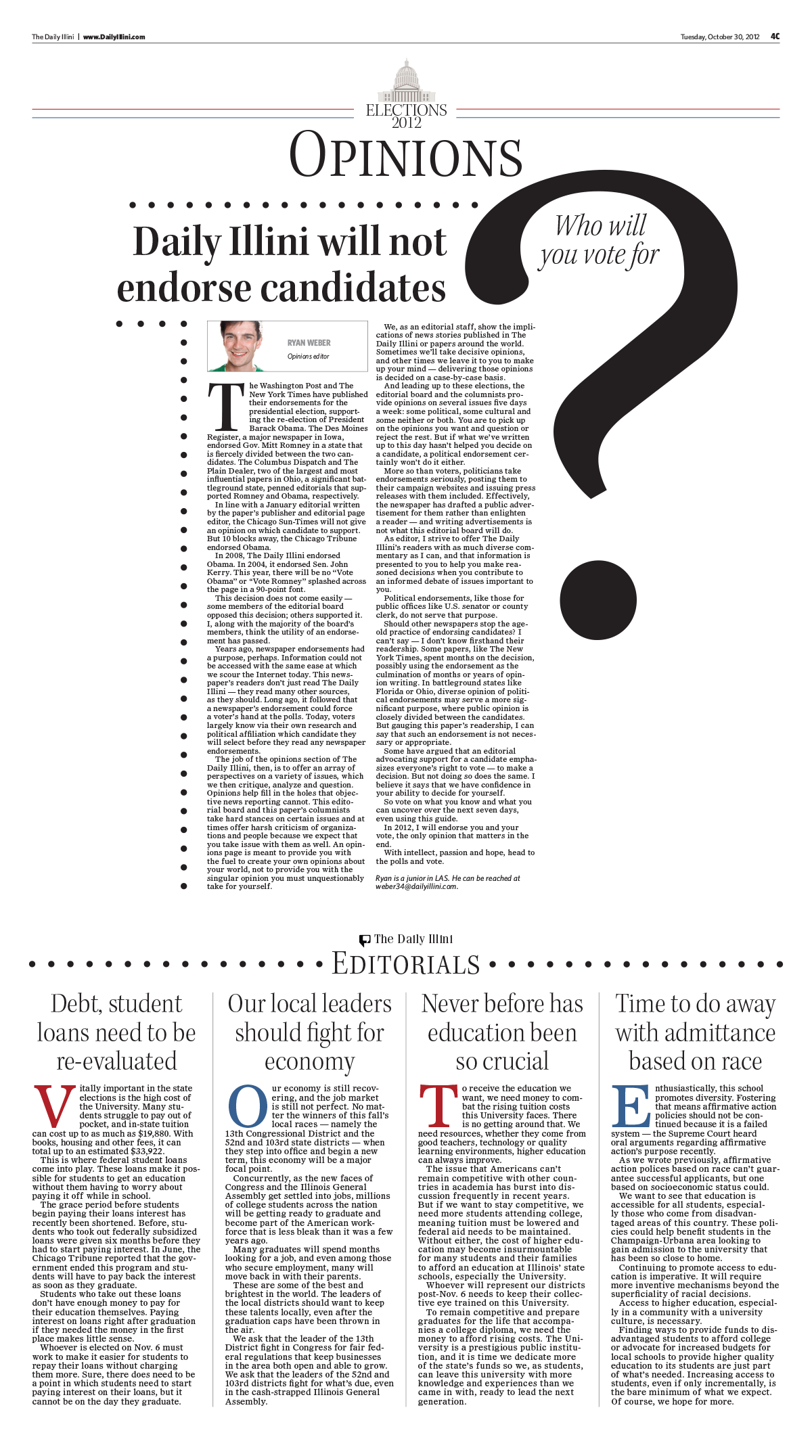 Daily Illini Opinions page with a giant question mark asking ‘Who will you vote for’ beside the editorial ‘Daily Illini will not endorse candidates’