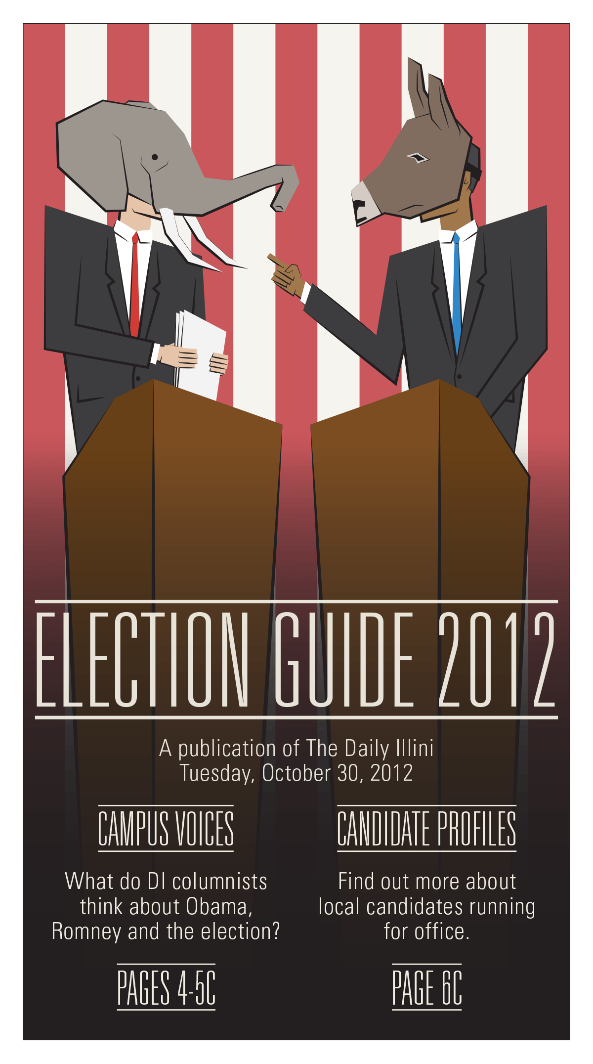 Illustrated Daily Illini ‘Election Guide 2012’ cover of an elephant and a donkey arguing behind debate podiums
