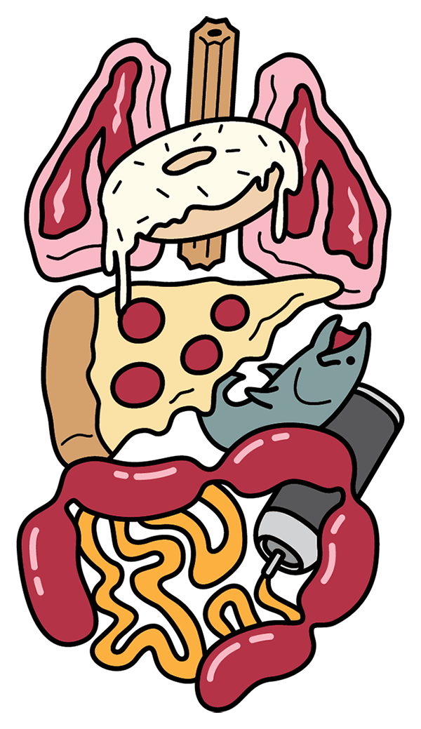 Full-color version of the food-organs illustration, with a pepperoni pizza stomach and a sausage-coil intestine