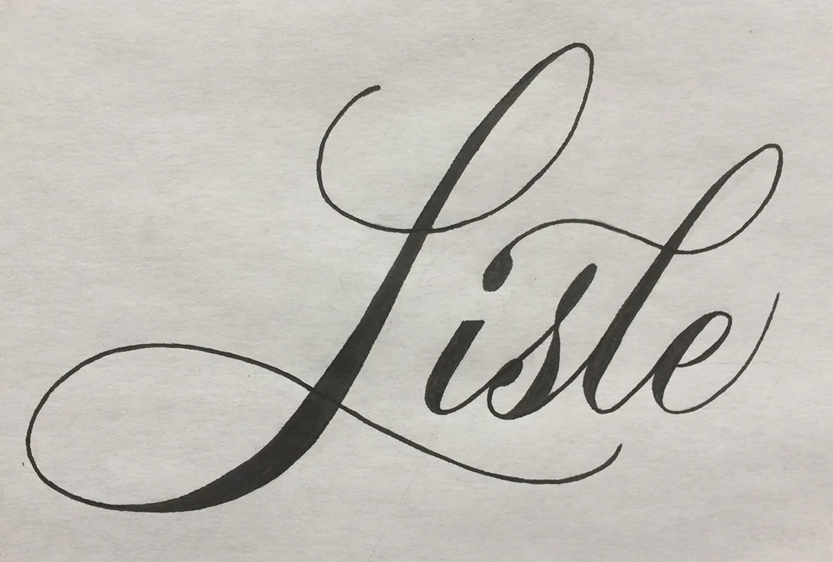 Hand-drawn pencil sketch exploring the flourished script lettering for the ‘Lisle’ geofilter
