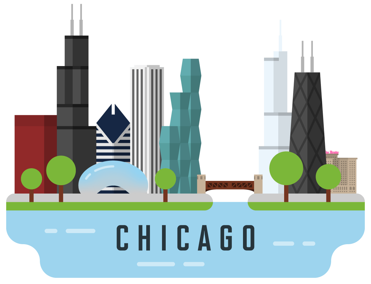 Flat illustrated Chicago skyline with the Bean, river, and bridge above bold ‘CHICAGO’ lettering for the Snapchat geofilter