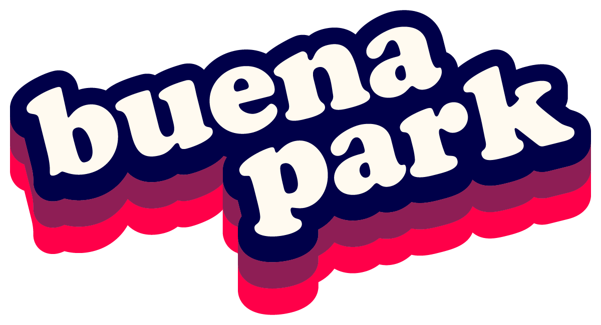 Chunky retro bubble lettering reading ‘buena park’ in cream with a maroon-to-pink drop shadow