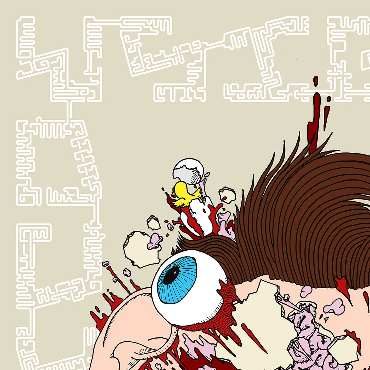 Detail of the illustrated head splitting open with a cracked eggshell, chick, and exposed eyeball against a maze-patterned background