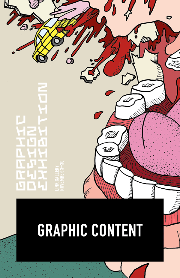 Detail of the poster's exploding head illustration with a toy car, teeth, and blood spatter above the ‘Graphic Content’ title bar
