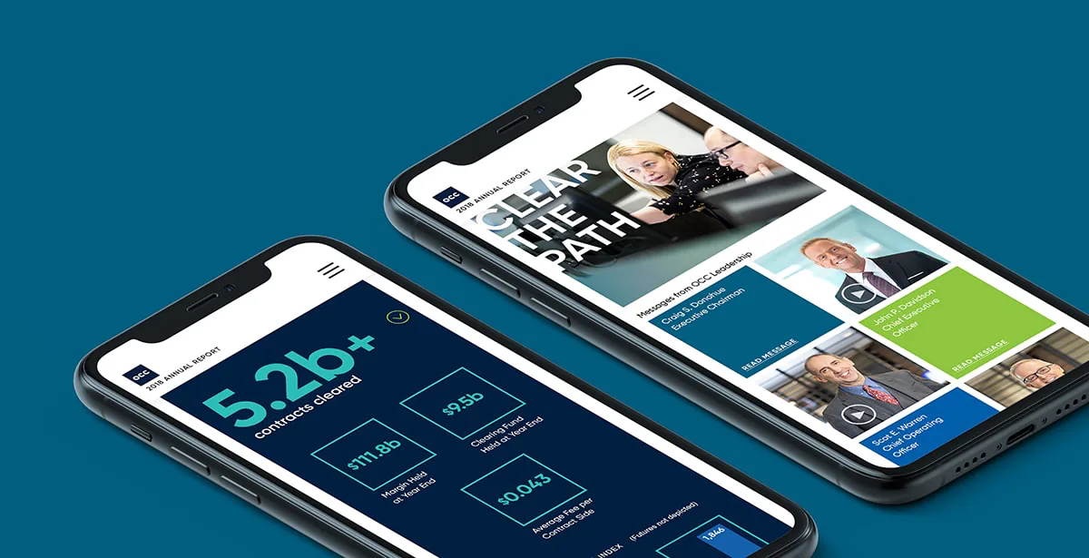 Two smartphone mockups showing the OCC 2018 Annual Report microsite, with a bold ‘Clear the Path’ headline and stat cards for contracts cleared
