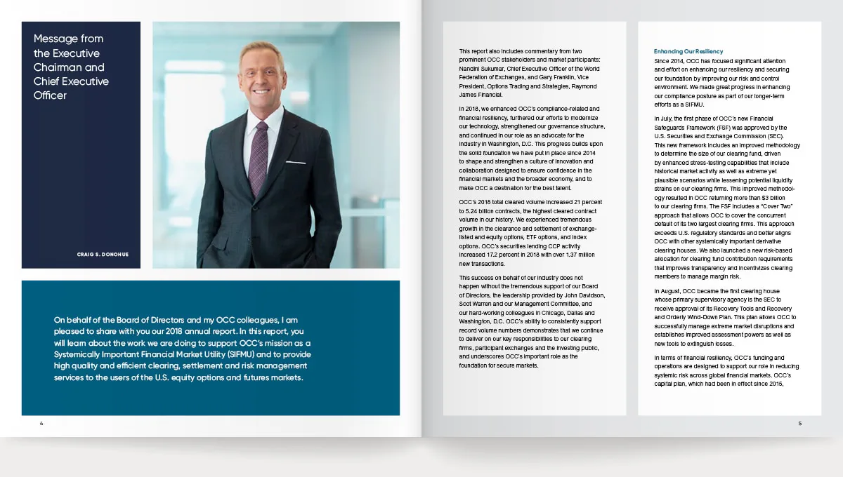 Report spread pairing a message from the executive chairman with a block of body copy