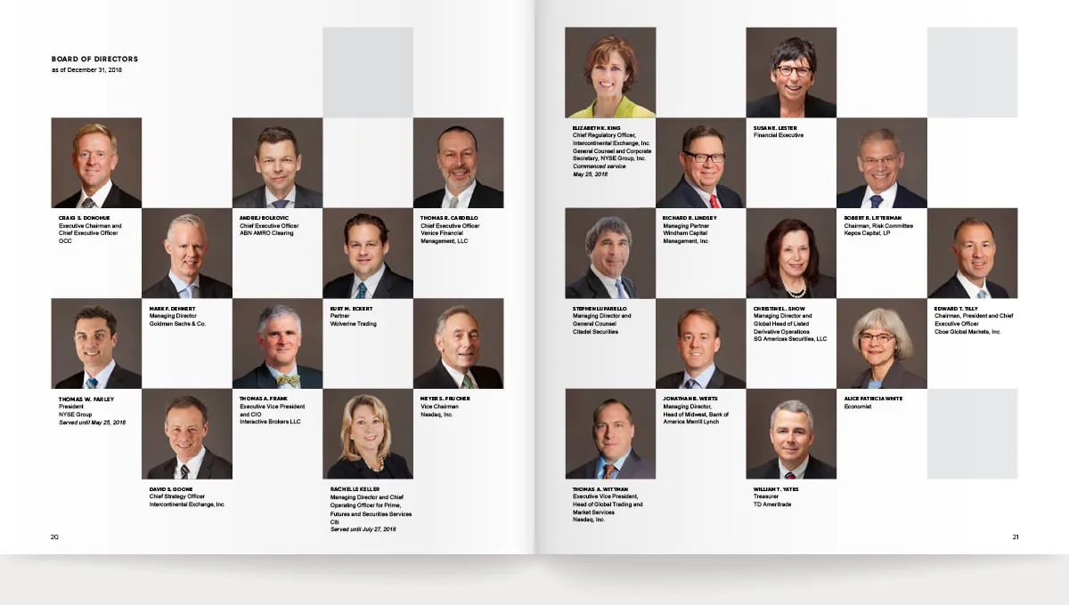 Two-page spread of board of directors headshots with names and titles