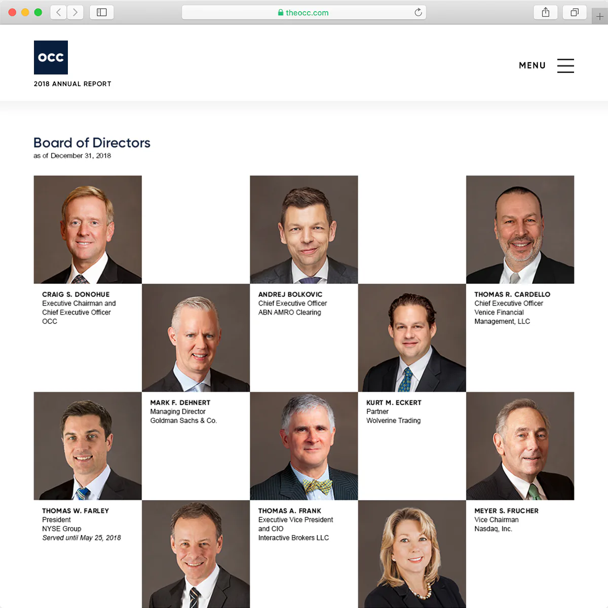 Printed OCC annual report spread with headshots of the board of directors