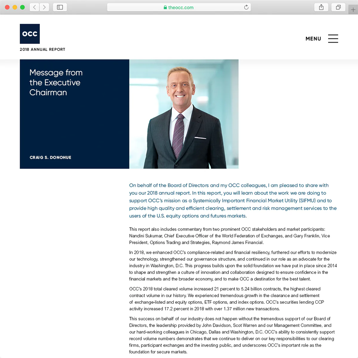 Printed annual report page introducing a message from the executive chairman beside a portrait