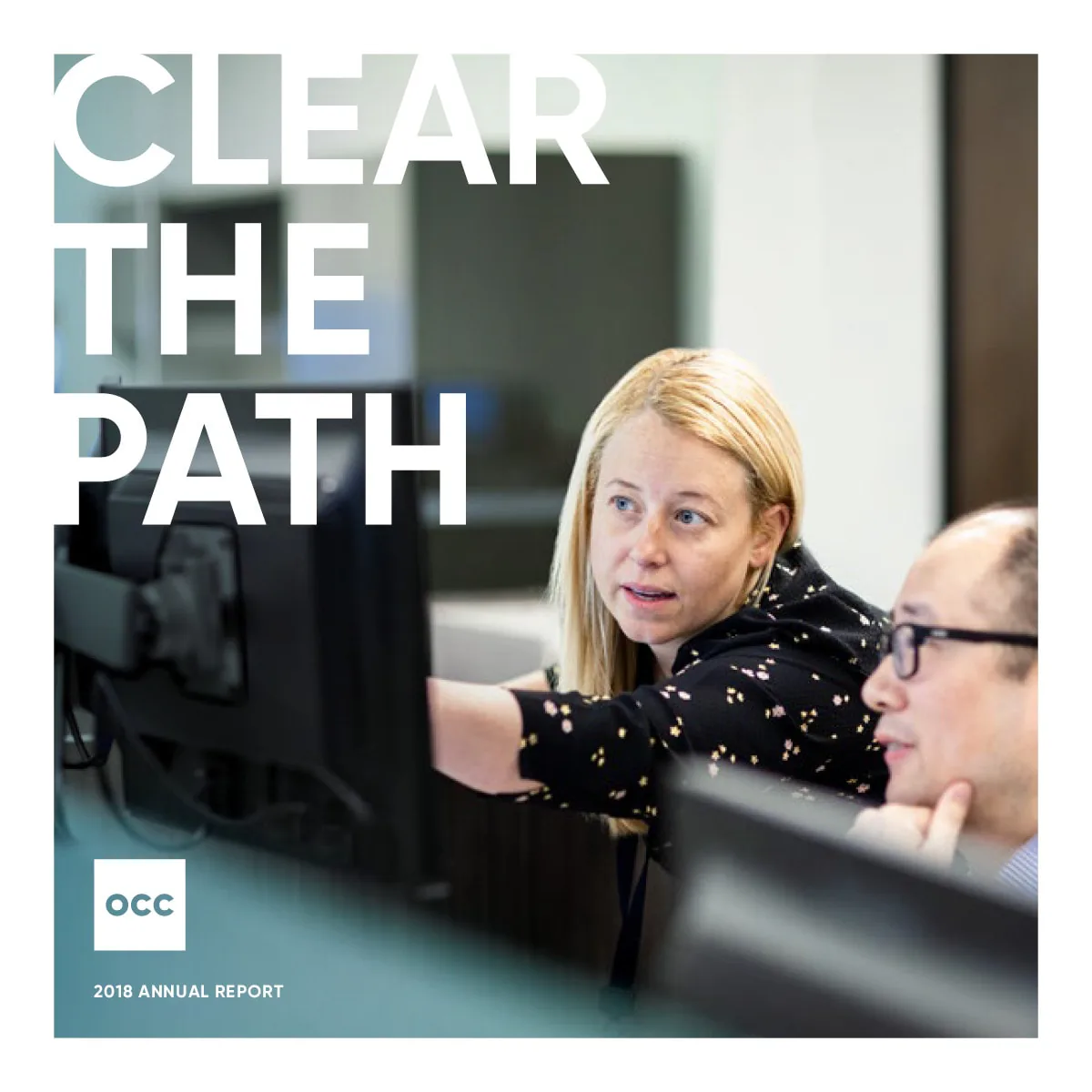 Printed spread pairing OCC's mission statement with a colorful grid of candid employee photos