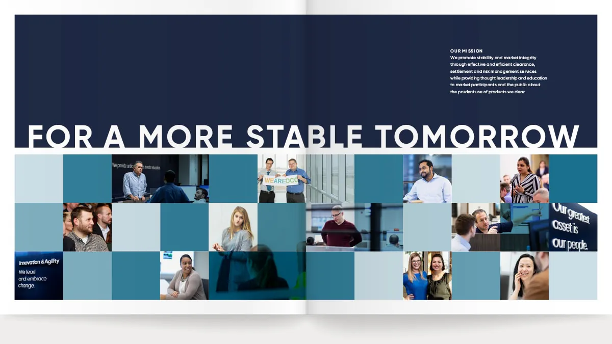 Two-page spread with the large headline ‘For a More Stable Tomorrow’ above a mosaic of employee portraits