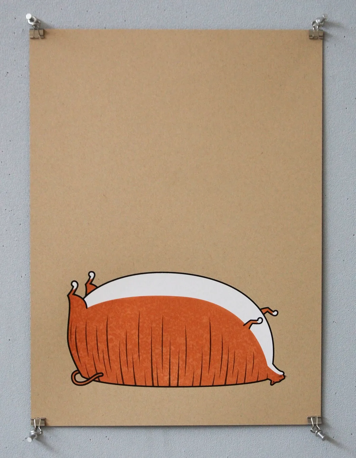 Screen print of a plump, hairy orange creature lying on its back with tiny limbs sticking out, on kraft paper