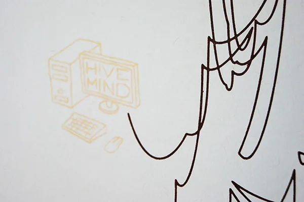 Close-up detail of tangled ink linework with a faint yellow computer icon peeking through in the corner