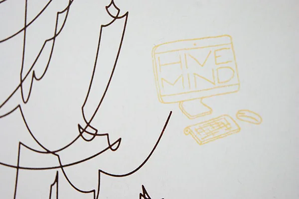 Close-up detail showing a faint yellow desktop monitor illustration labeled ‘HIVE MIND’ beneath dark scribbled linework