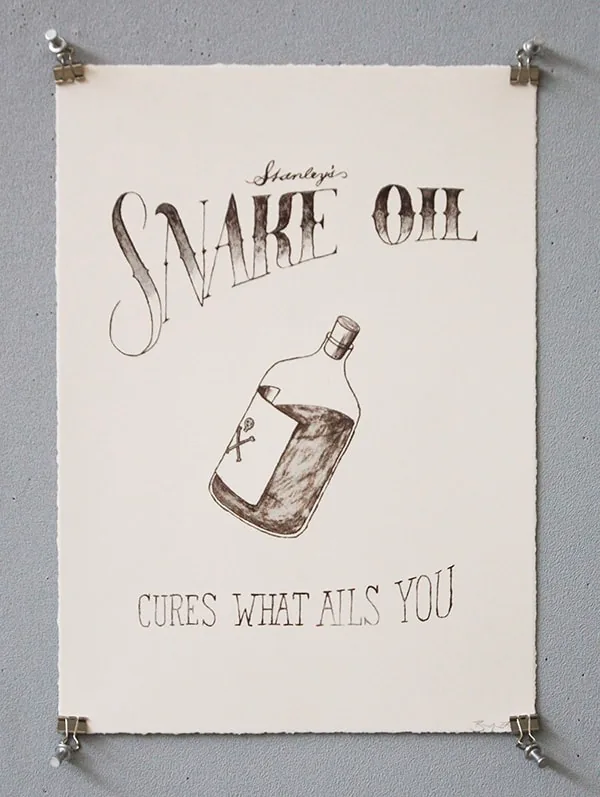 The same ‘Stanley's Snake Oil’ label design letterpress-printed in black ink on cream paper