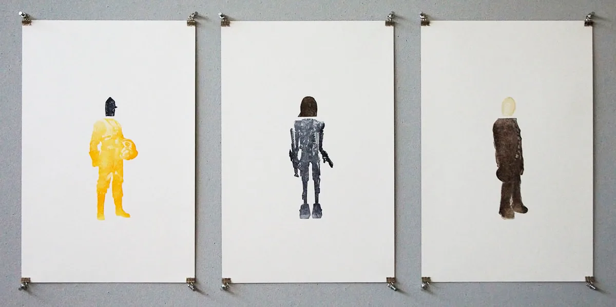 Three letterpress halftone prints of standing figures, rendered in yellow, gray, and brown ink