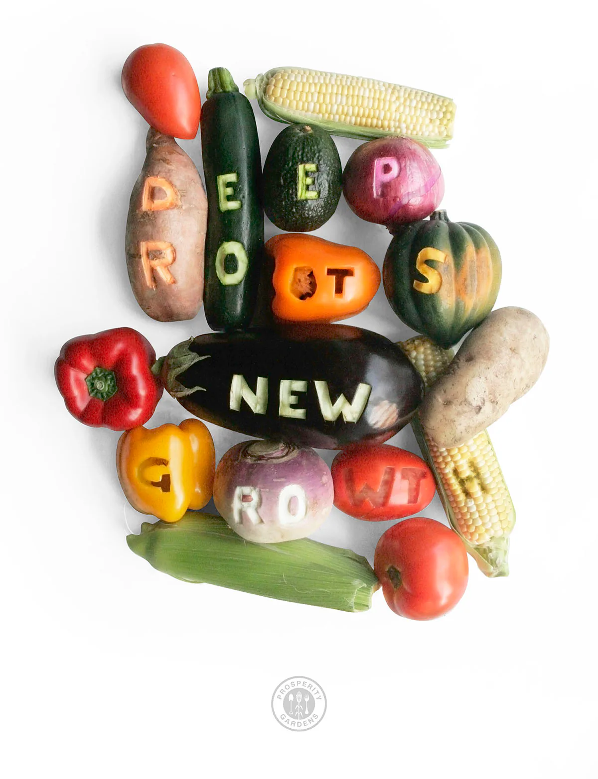 Promotional poster spelling ‘Deep Roots New Growth’ with letters carved into an arrangement of fresh vegetables