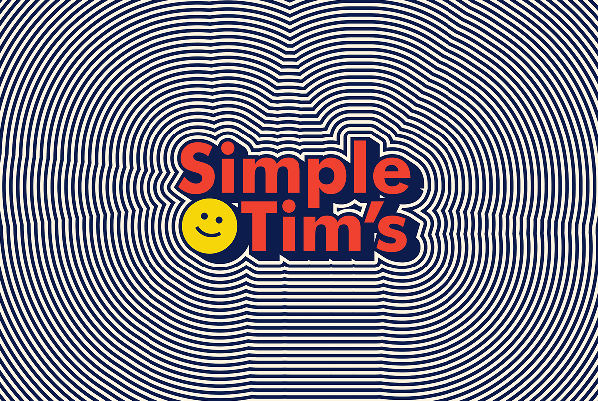 Simple Tim's logo lockup with a smiling yellow face centered over a radiating navy and cream line pattern