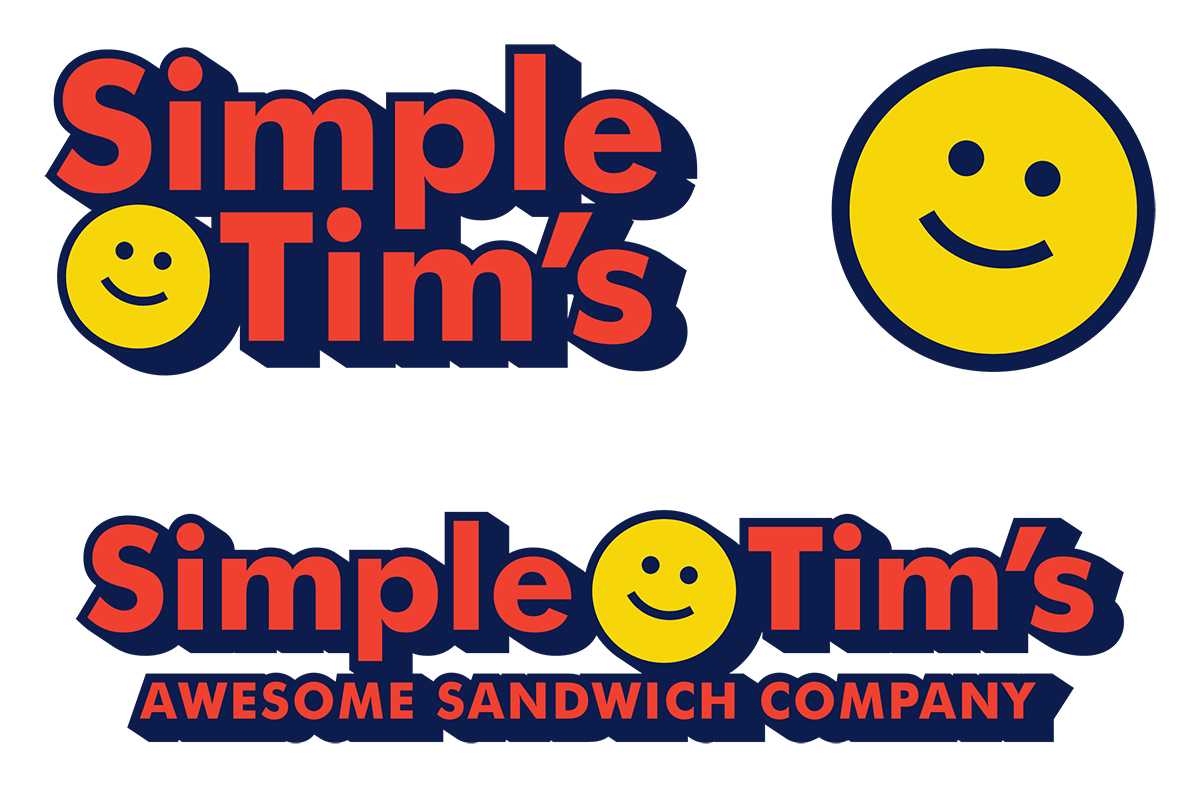 Simple Tim’s logo system: stacked and horizontal red wordmarks with a yellow smiley face, the standalone smiley icon, and the tagline ‘Awesome Sandwich Company’