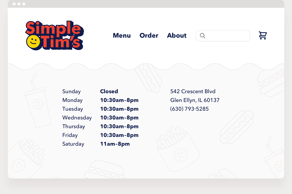 Simple Tim's website homepage showing the smiley logo, navigation, and store hours over a wavy hot-dog-patterned background