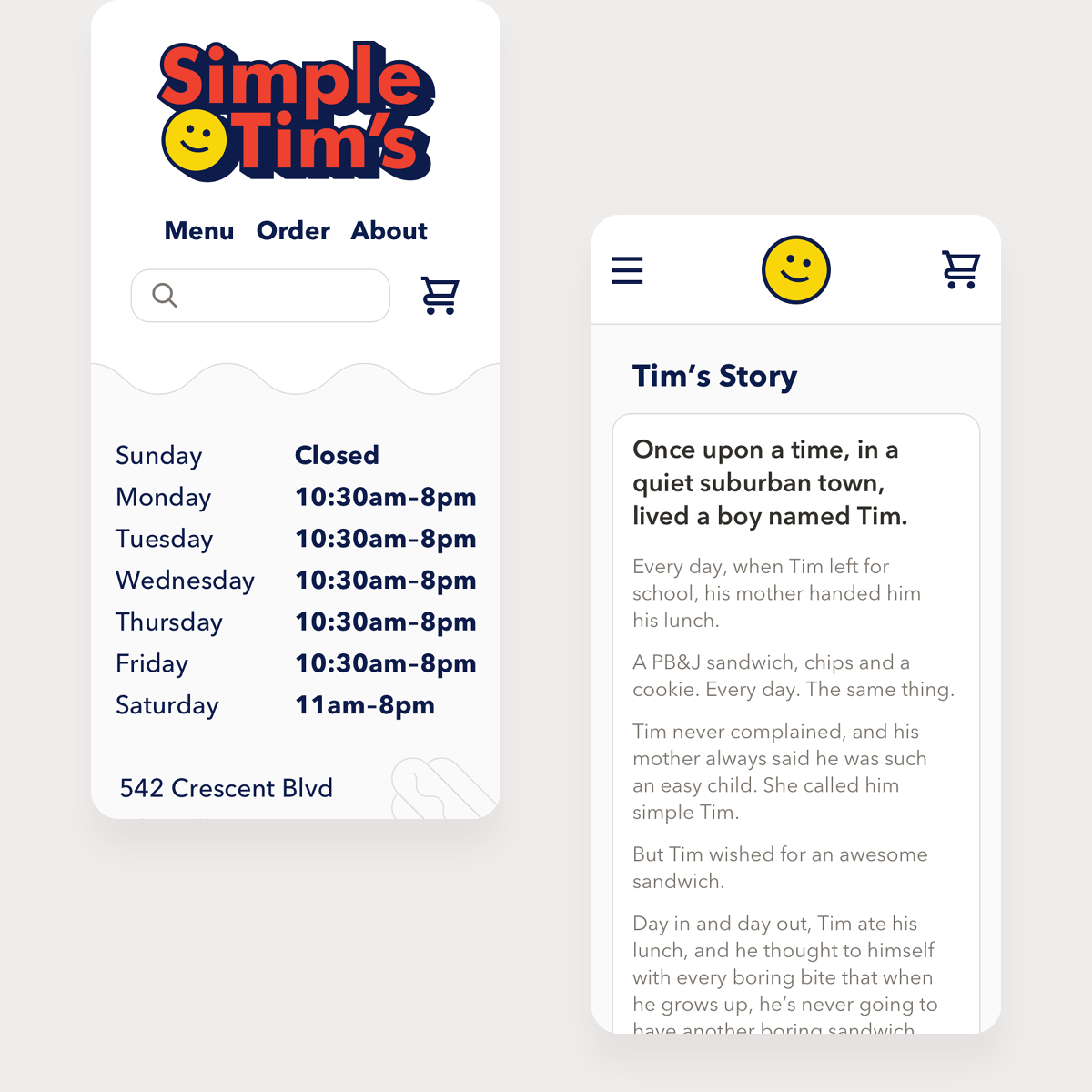 Desktop and mobile views of the Simple Tim's website homepage with store hours and a smiley-face pattern background