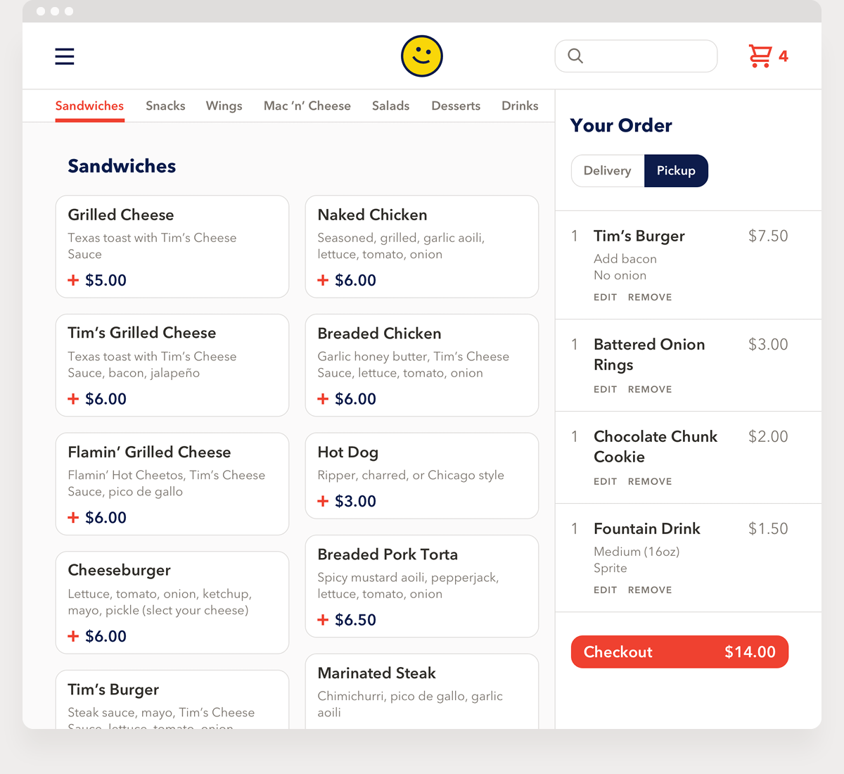 Simple Tim's online ordering page with a sandwich menu grid and order summary sidebar showing cart items