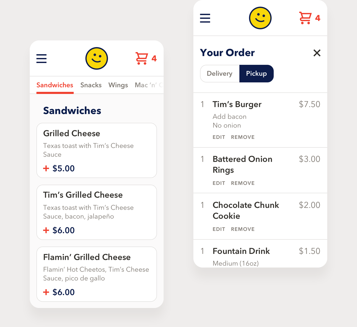 Mobile and desktop views of the Simple Tim's ordering app cart with items and pickup selected