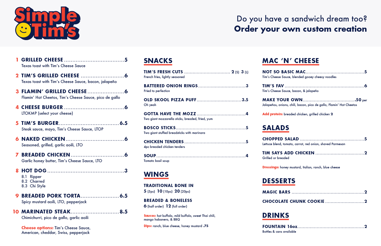 Printed Simple Tim's menu listing sandwiches, snacks, wings, mac 'n' cheese, salads, desserts, and drinks with prices