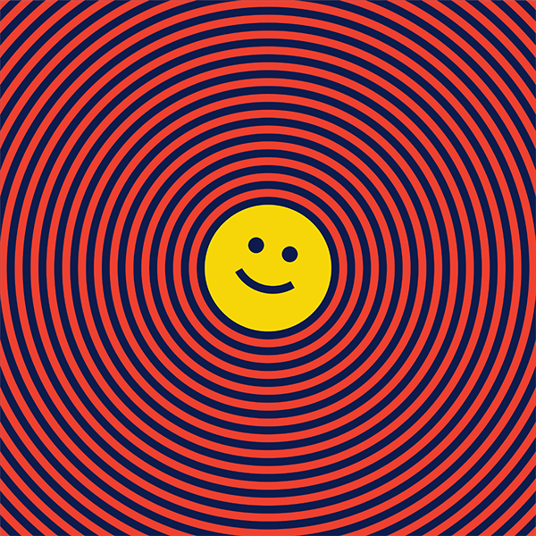 Square social media graphic of concentric red and navy rings radiating from the Simple Tim's smiley mark