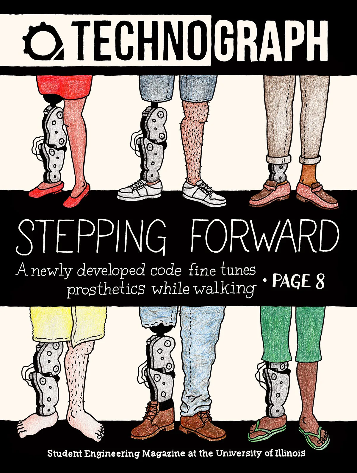 Technograph magazine cover ‘Stepping Forward’ with illustrated legs in mechanical lower-limb prosthetics wearing varied shoes