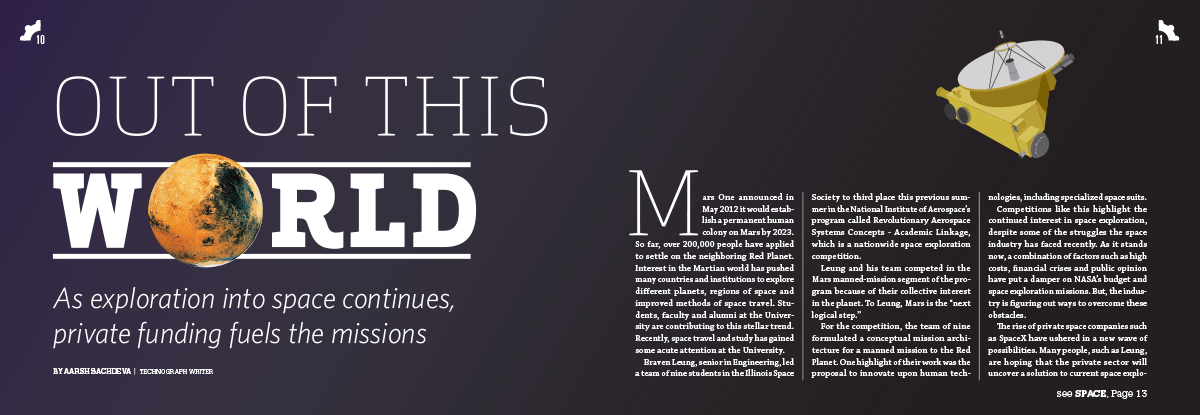 Magazine spread ‘Out of This World’ on private space exploration, with a large planet graphic set into the headline