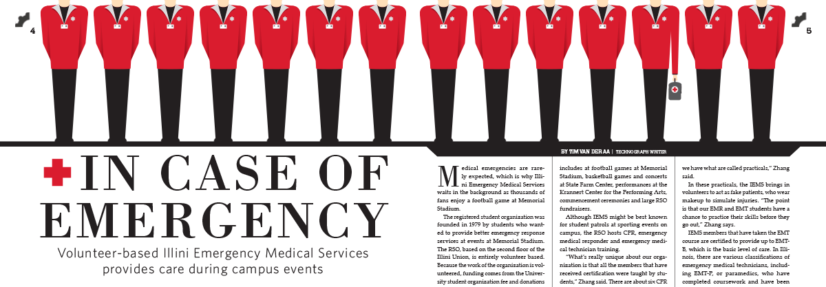 Magazine spread ‘In Case of Emergency’ with a row of illustrated red-uniformed medical responders