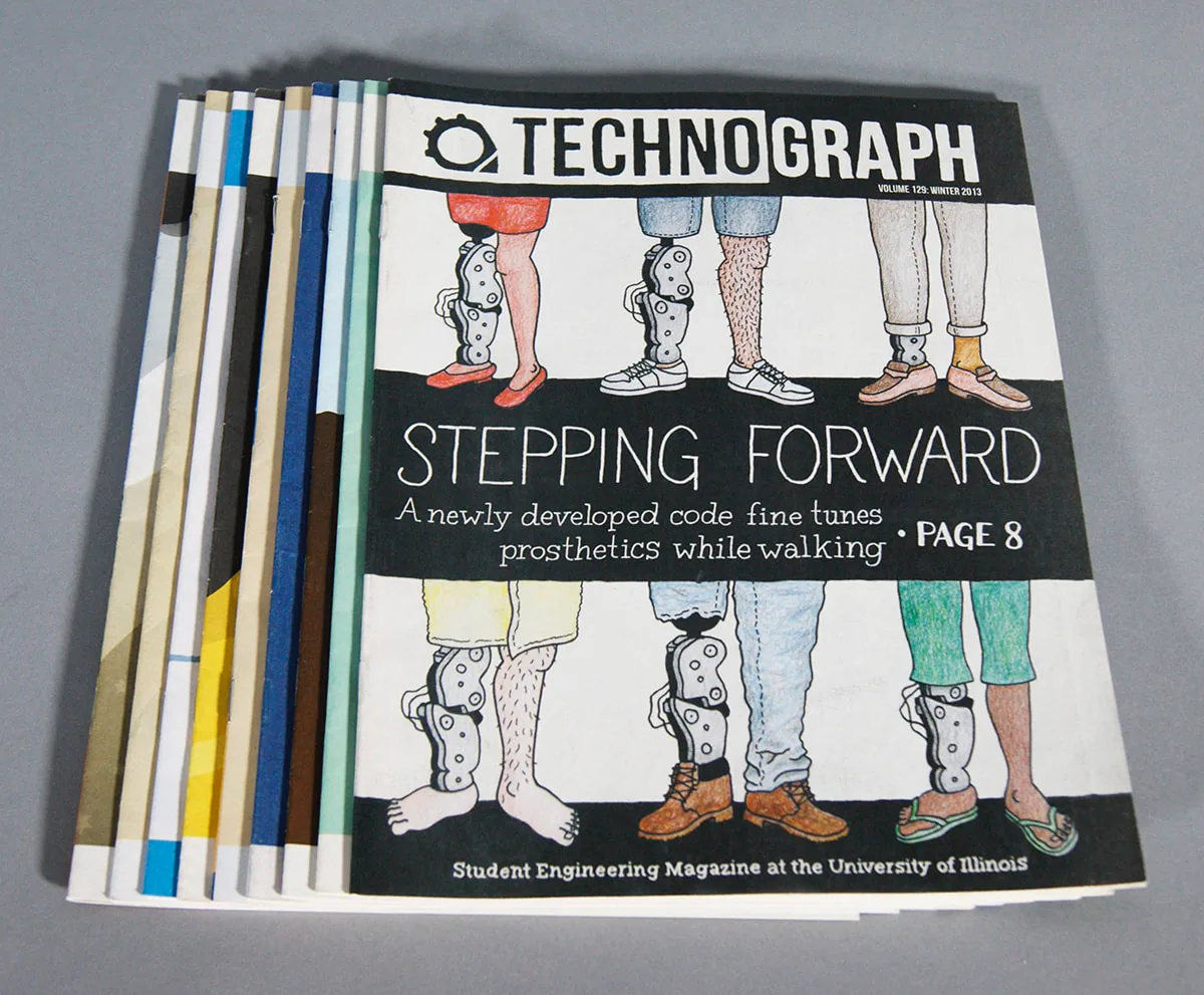 Stack of nine printed Technograph issues, the top one showing the ‘Stepping Forward’ prosthetics cover