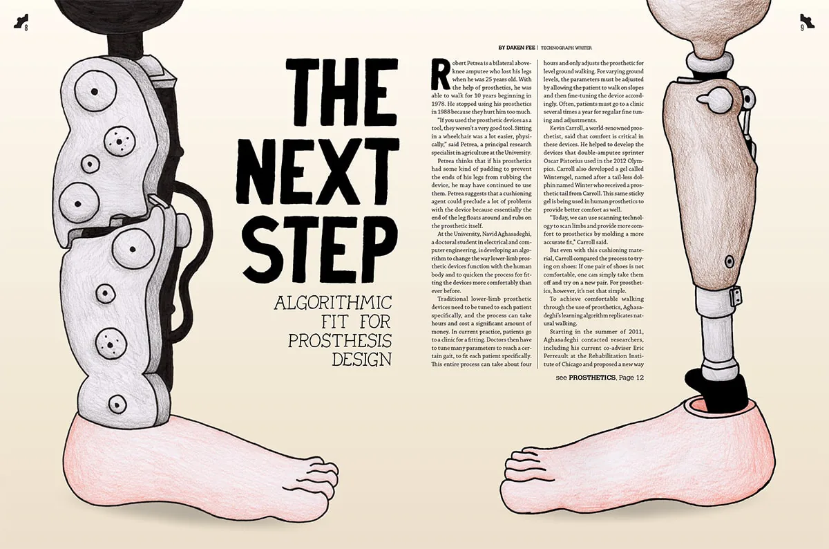 Magazine spread headlined ‘The Next Step: Algorithmic Fit for Prosthesis Design’ with illustrated prosthetic leg and bare foot