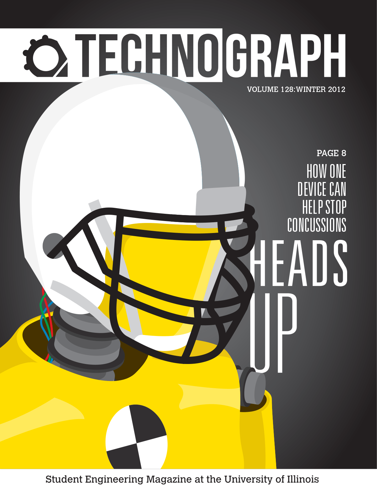 Technograph cover ‘Heads Up’ featuring an illustrated football helmet wired with sensors, on concussion-detection research