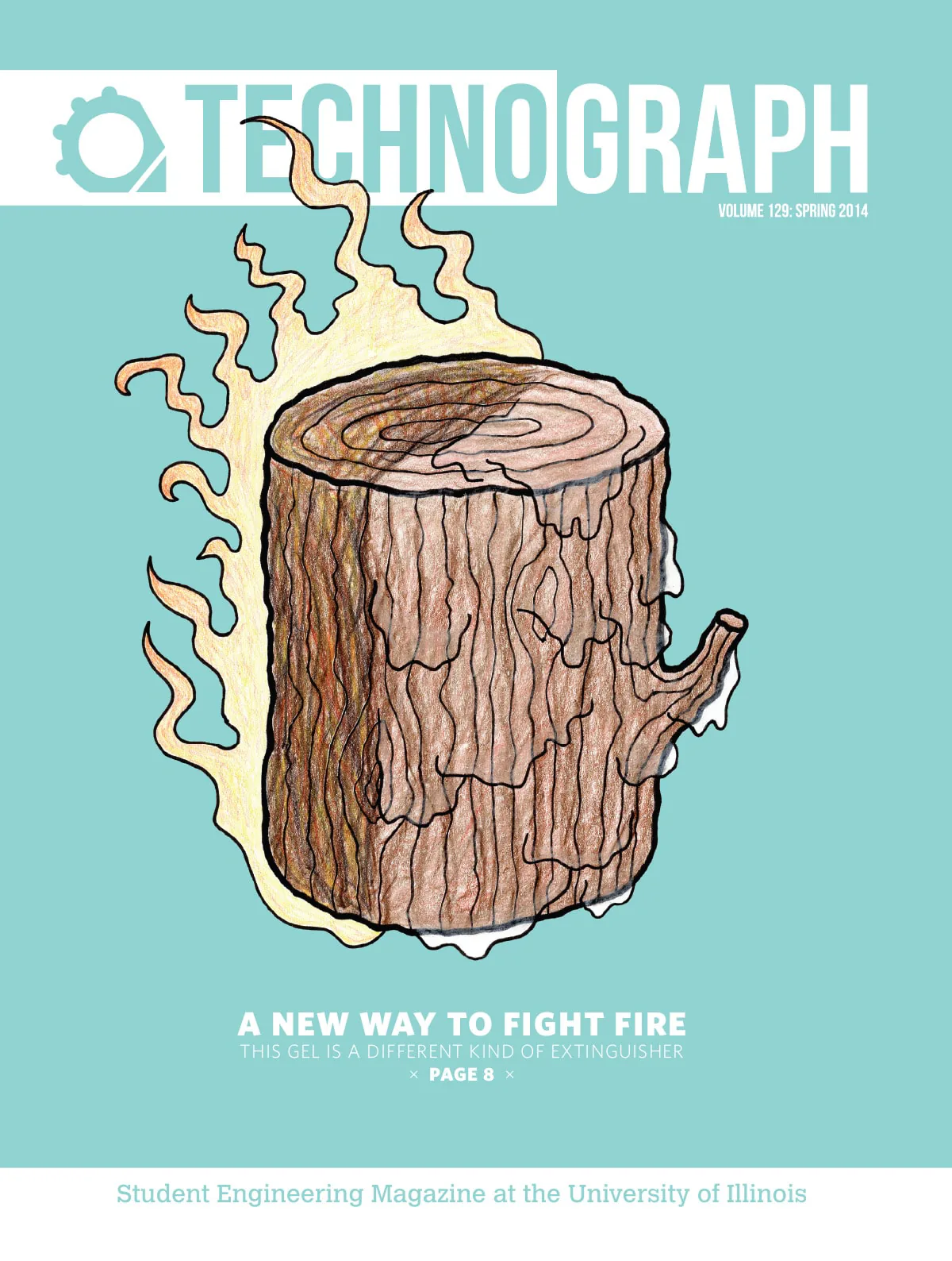 Technograph cover illustration of a flaming, dripping tree stump for the story ‘A New Way to Fight Fire’
