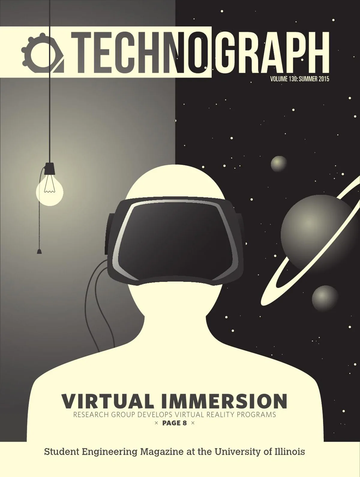 Technograph cover ‘Virtual Immersion’ with a silhouetted figure in a VR headset against a starry space backdrop
