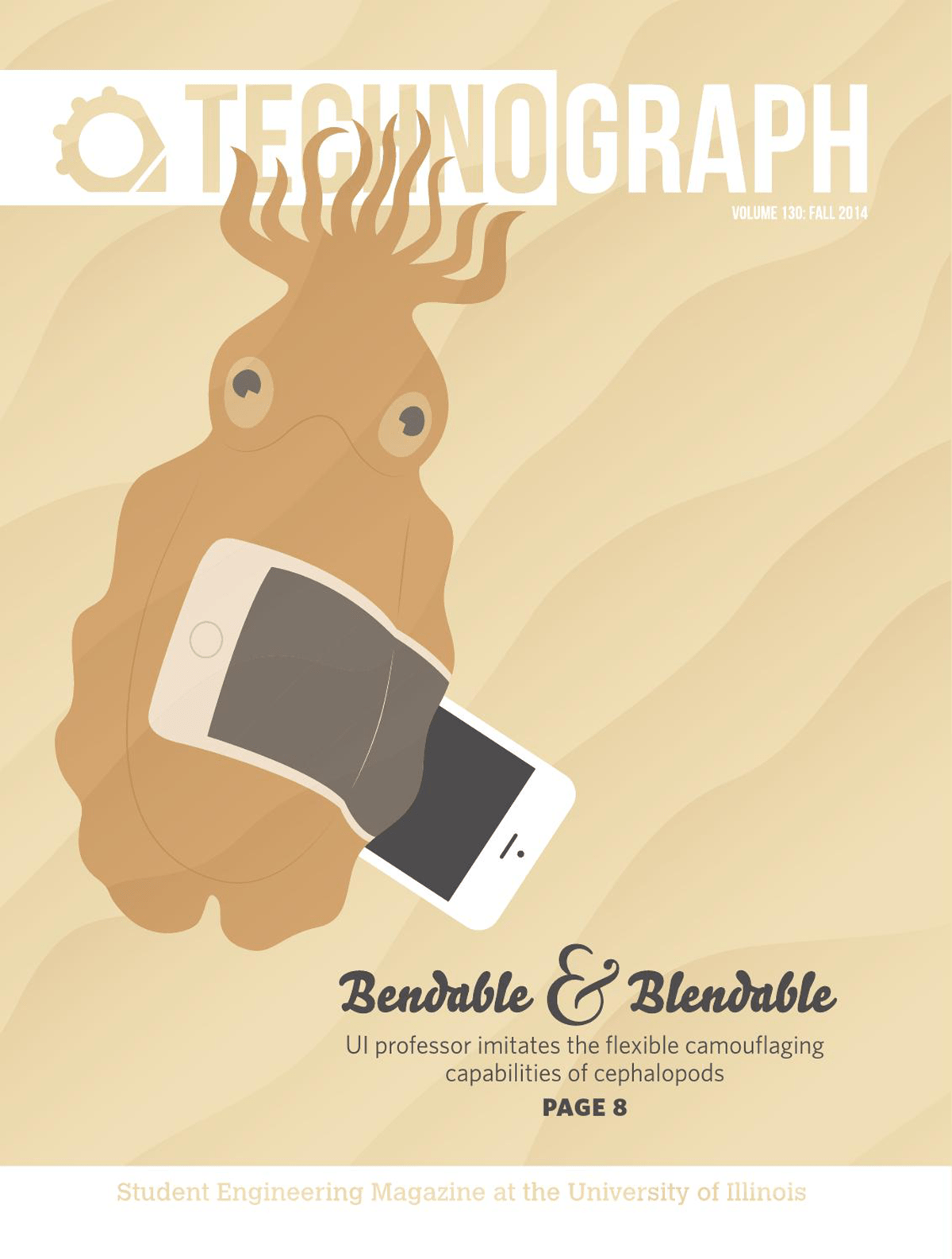 Technograph cover ‘Bendable & Blendable’ showing an octopus-like creature camouflaging around a smartphone