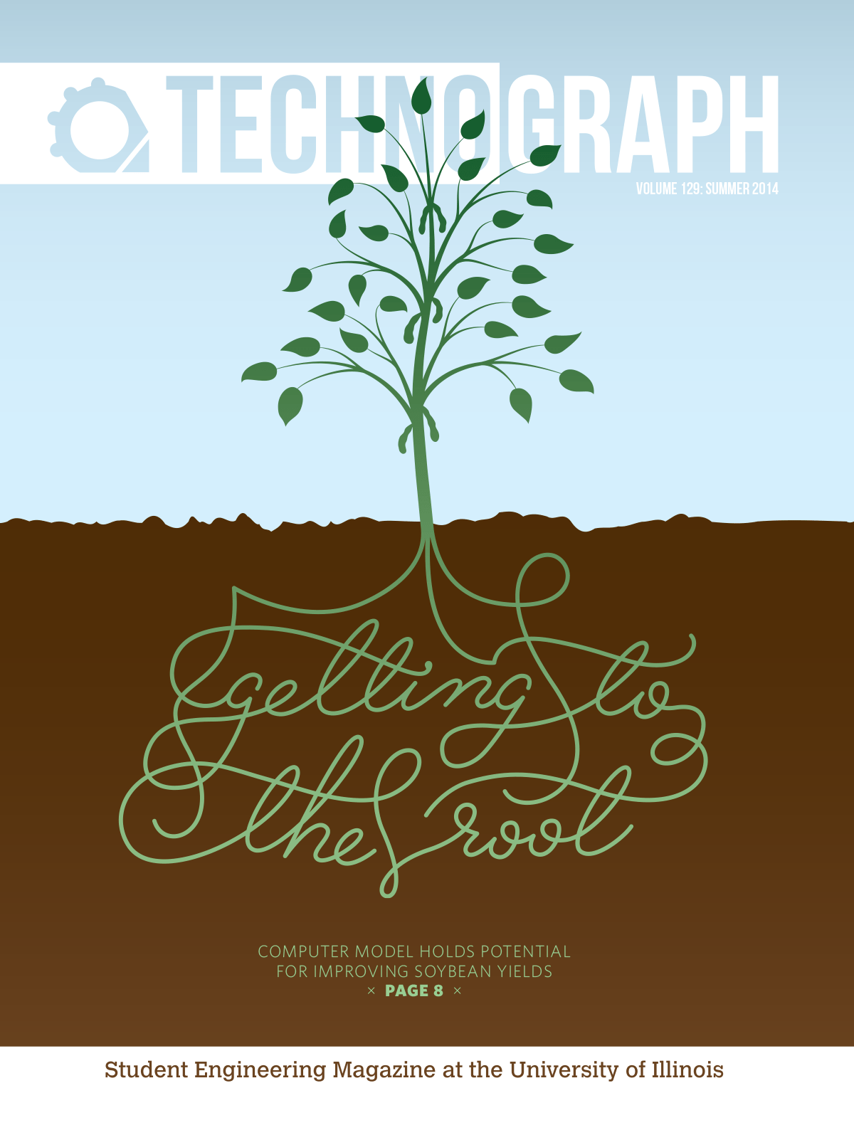 Technograph cover ‘Getting to the Root’ with a sprouting plant whose roots form cursive lettering against soil