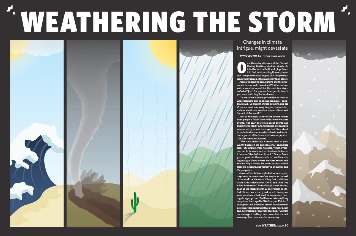 Magazine spread ‘Weathering the Storm’ with a row of illustrated panels depicting tsunami, tornado, drought, rain, and snow