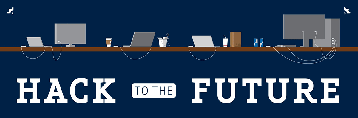 Magazine spread banner ‘Hack to the Future’ over a row of illustrated hackathon desks with laptops and monitors