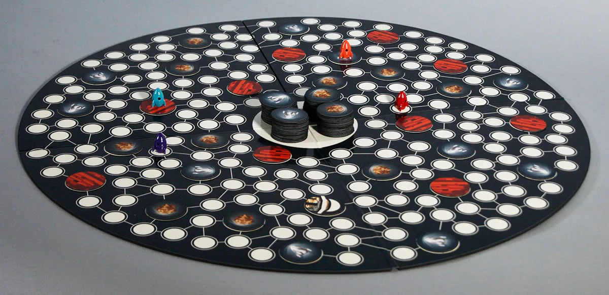 Overhead view of the full Terra Nova board, a black circular network of white nodes dotted with planet tiles and rocket pieces